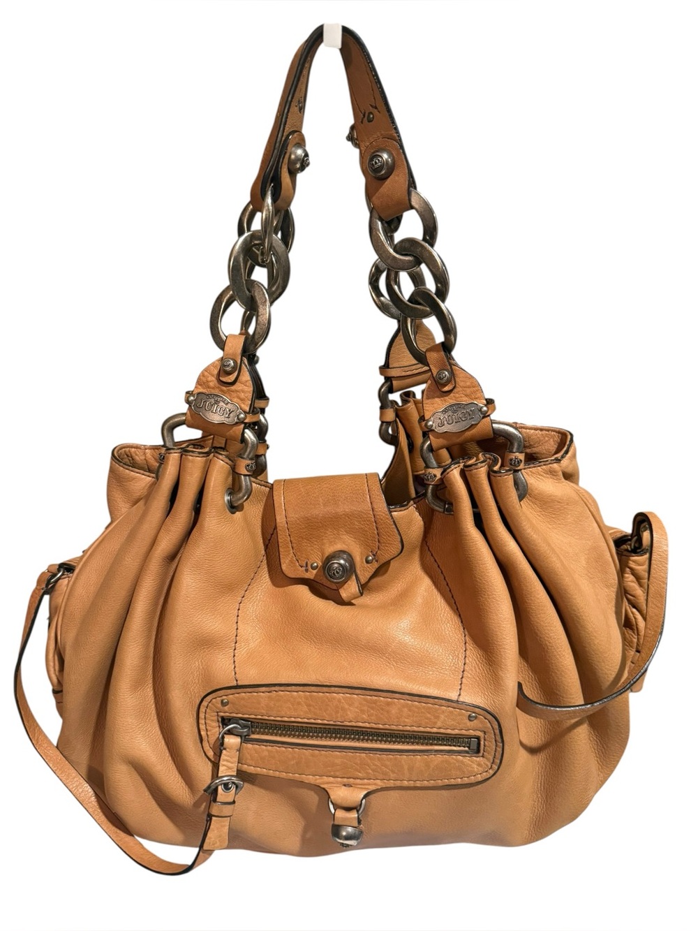 Vintage Juicy Couture Leather Satchel Bag Crown Charms Y2K Cognac